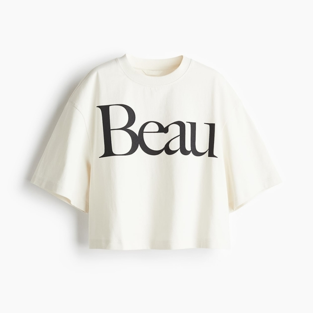 H&M Cropped T-Shirt - Cream/Beau- Ladies - Picture 4 of 5
